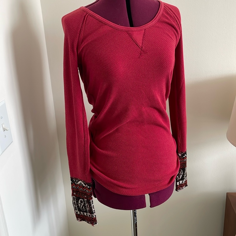 We The Free Red Long Sleeve Top with Patterned Cuffs